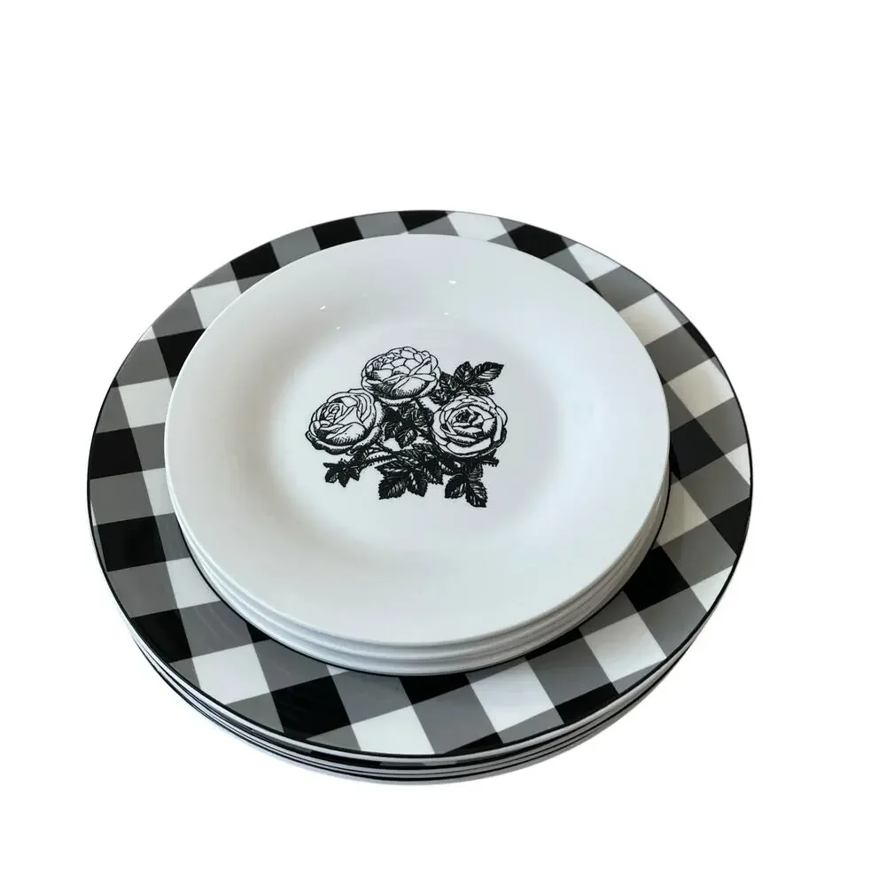 Godinger Black White Checkered Gingham Porcelain Dinner Plates 10.5